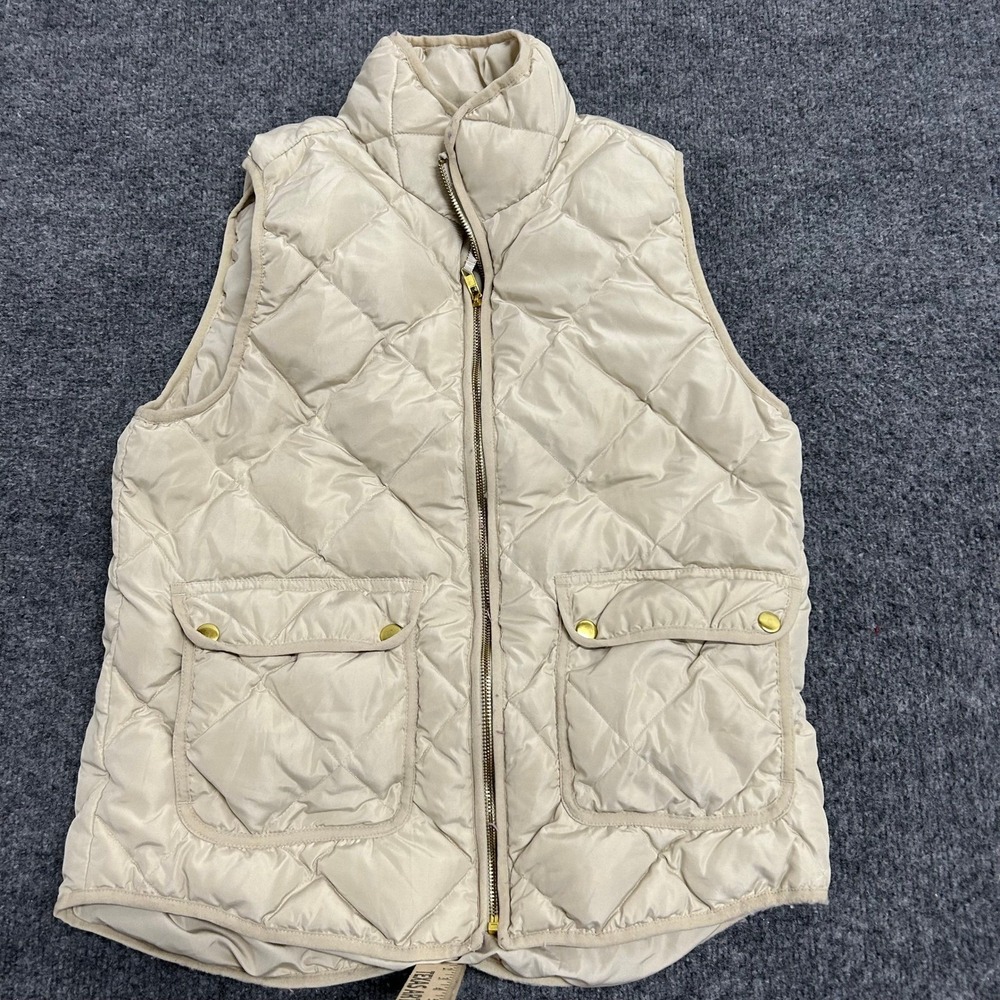 Woolrich Quilted Vest Womens Size Medium Beige Down Fill Full Zip Pockets Stain
